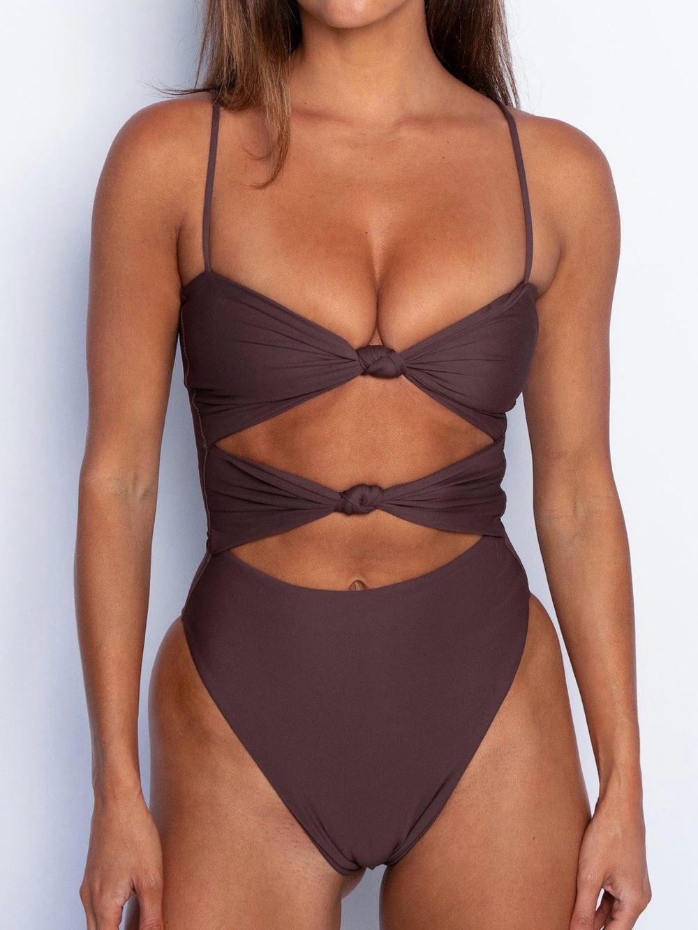 Skatie Twist Knot One-Piece Swimsuit in Tan/Brown